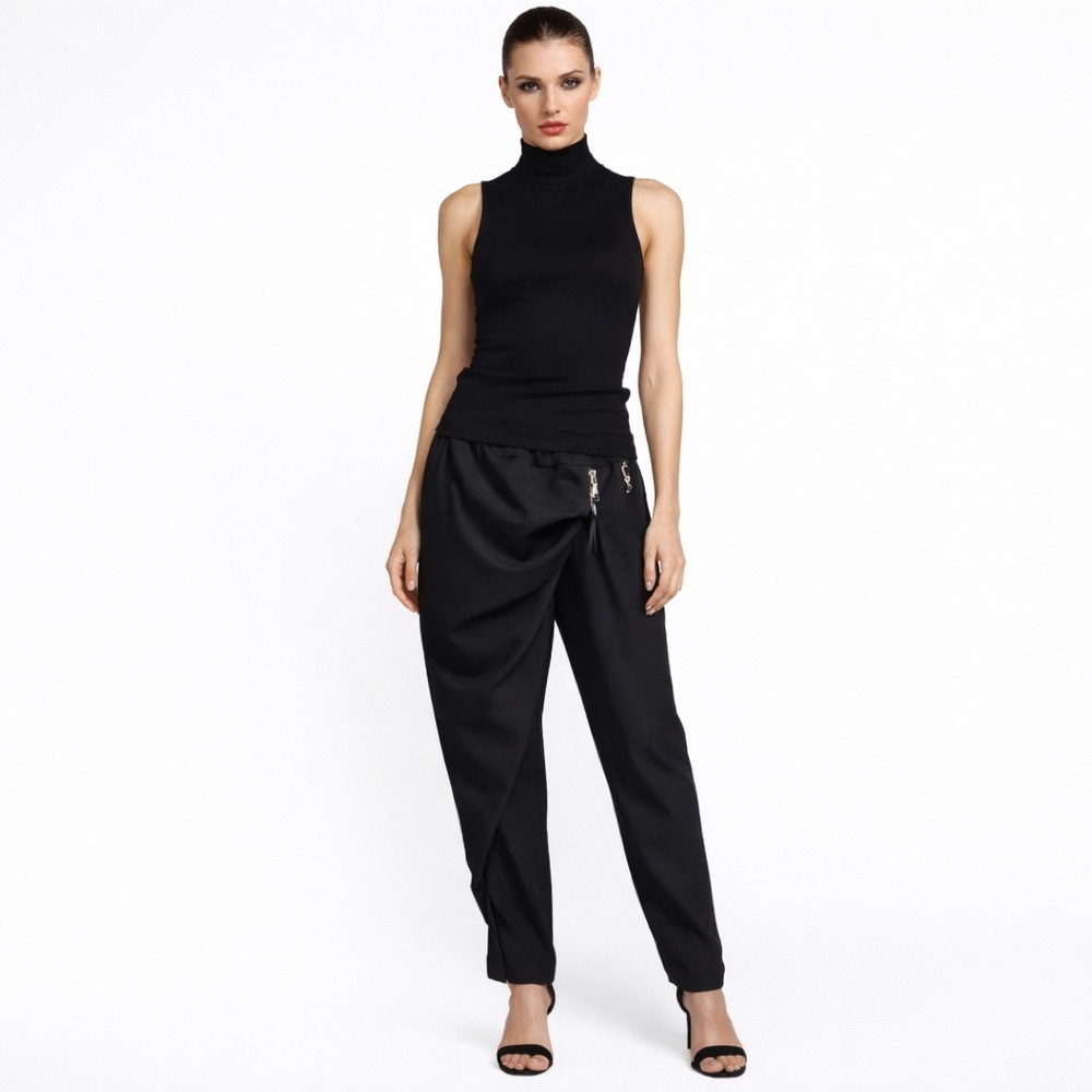 Rinascimento Black Asymmetrical Trousers – Chic Draped Designer Statement Pants